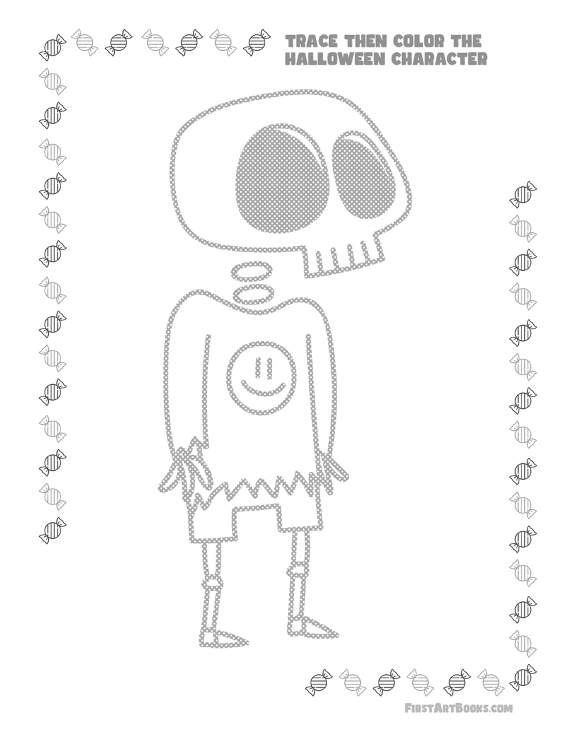 Cartoon Skeleton Tracing and Coloring Page printable sample