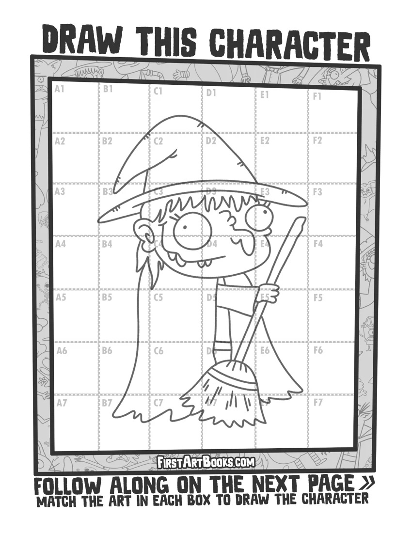 Cartoon Witch Grid Drawing printable sample
