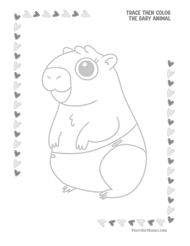 Trace & Color A Baby Capybara: free printable page