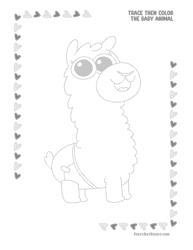 Trace Then Color a Baby Llama: free printable page