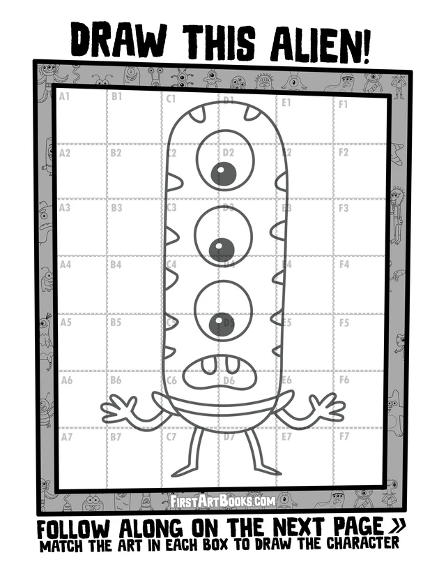 Draw by Grid: Silly Aliens: character grid page and blank grid