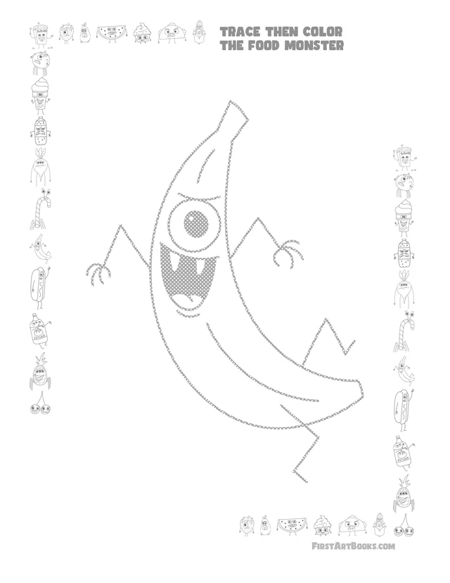 Trace Then Color: Cartoon Food Monsters printable page