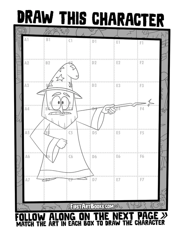 Draw by Grid: Cartoon People: character grid page and blank grid