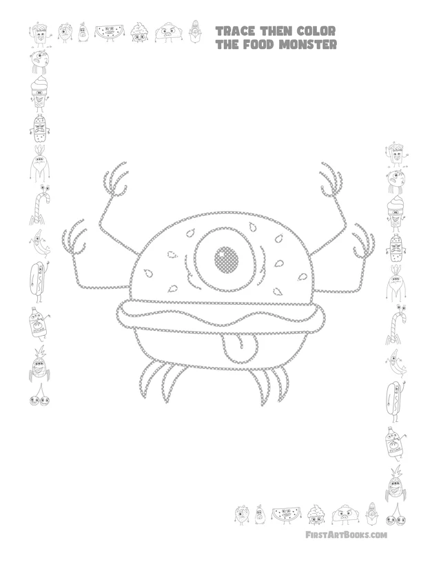 Trace Then Color: Cartoon Food Monsters printable page