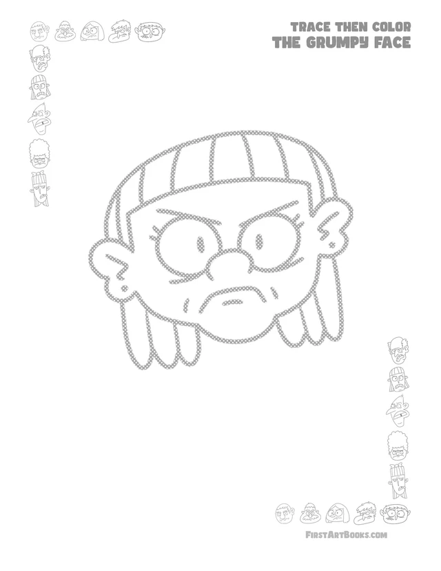 Trace Then Color: Grumpy Faces printable page