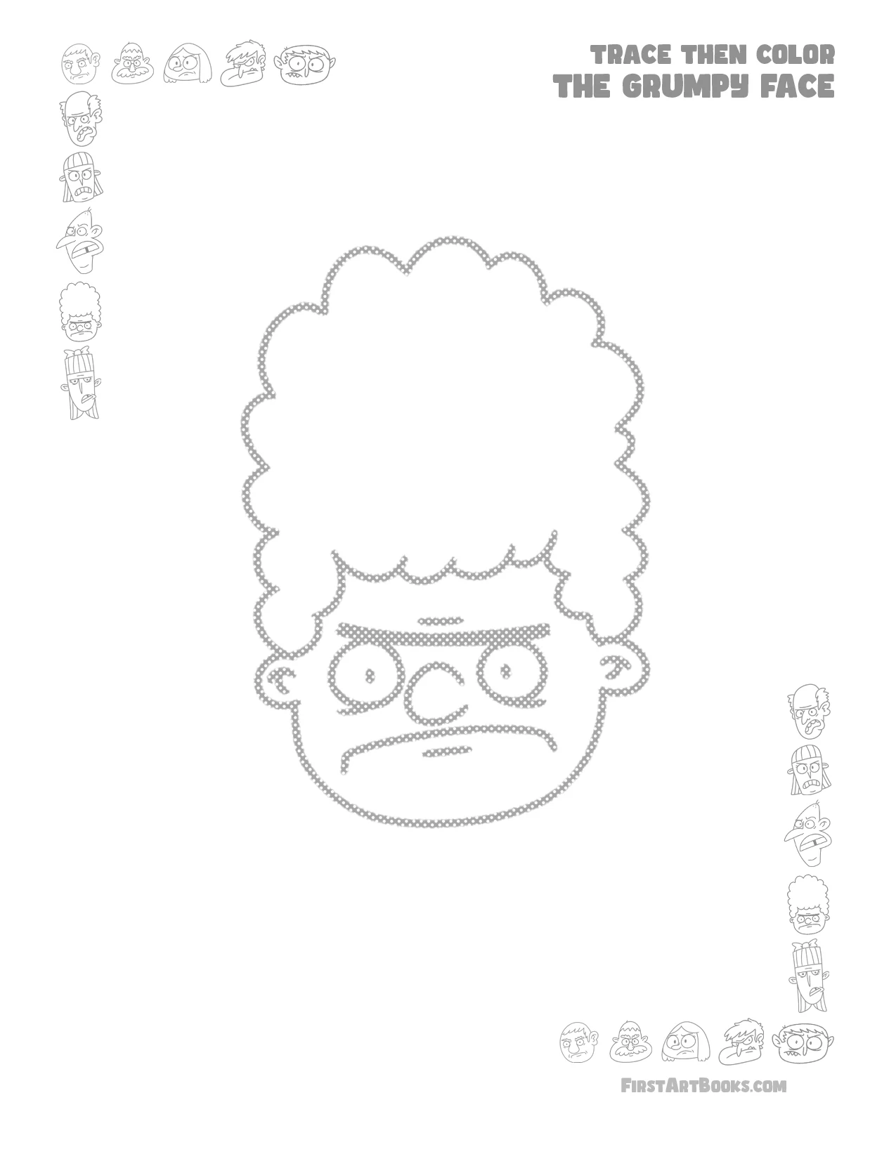 Trace Then Color A Grumpy Cartoon Face (Free Activity Page) – illustration 2
