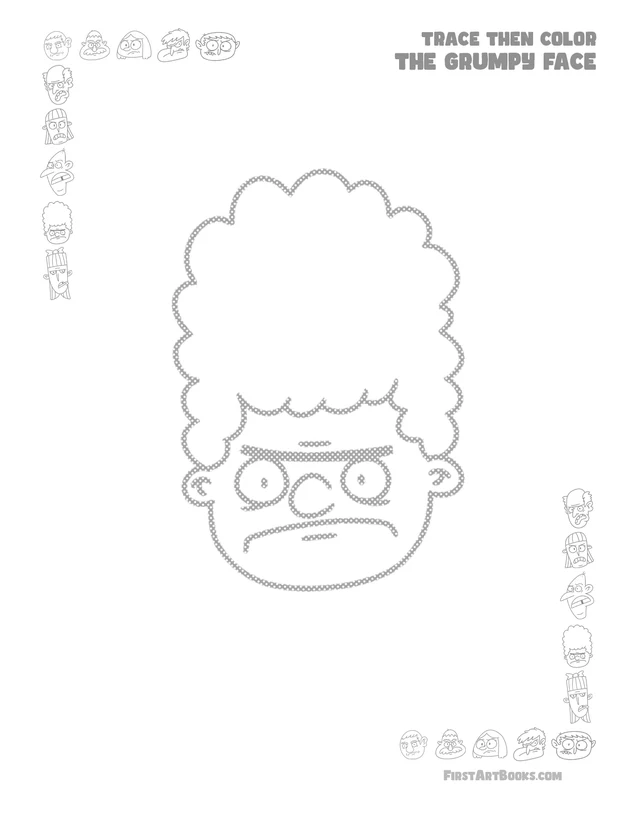 Trace Then Color A Grumpy Cartoon Face: free printable page