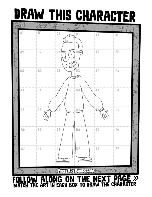 Draw by Grid: Cartoon People: character grid page and blank grid