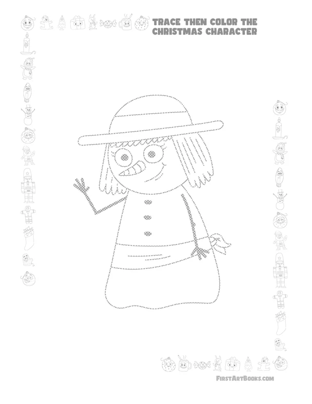 Trace Then Color: Cartoon Christmas Characters printable page