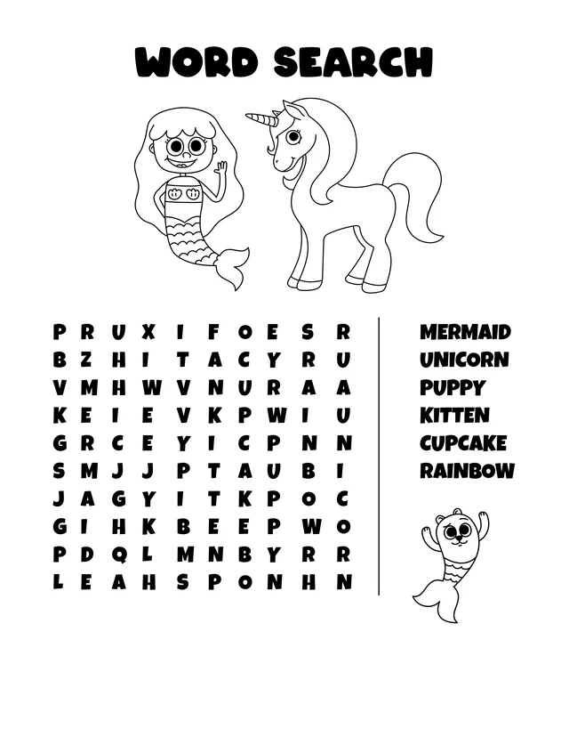 Mermaids and Unicorns Word Search: free printable page