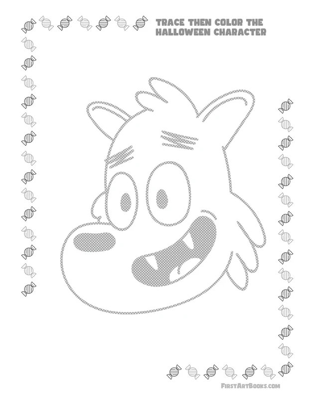 Trace Then Color: Cartoon Halloween Characters printable page