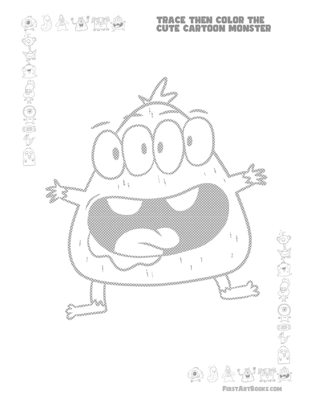 Trace & Color A Cute 4-Eyed Monster: free printable page