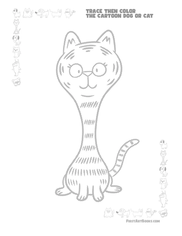 Trace Then Color: Cartoon Cats & Dogs printable page
