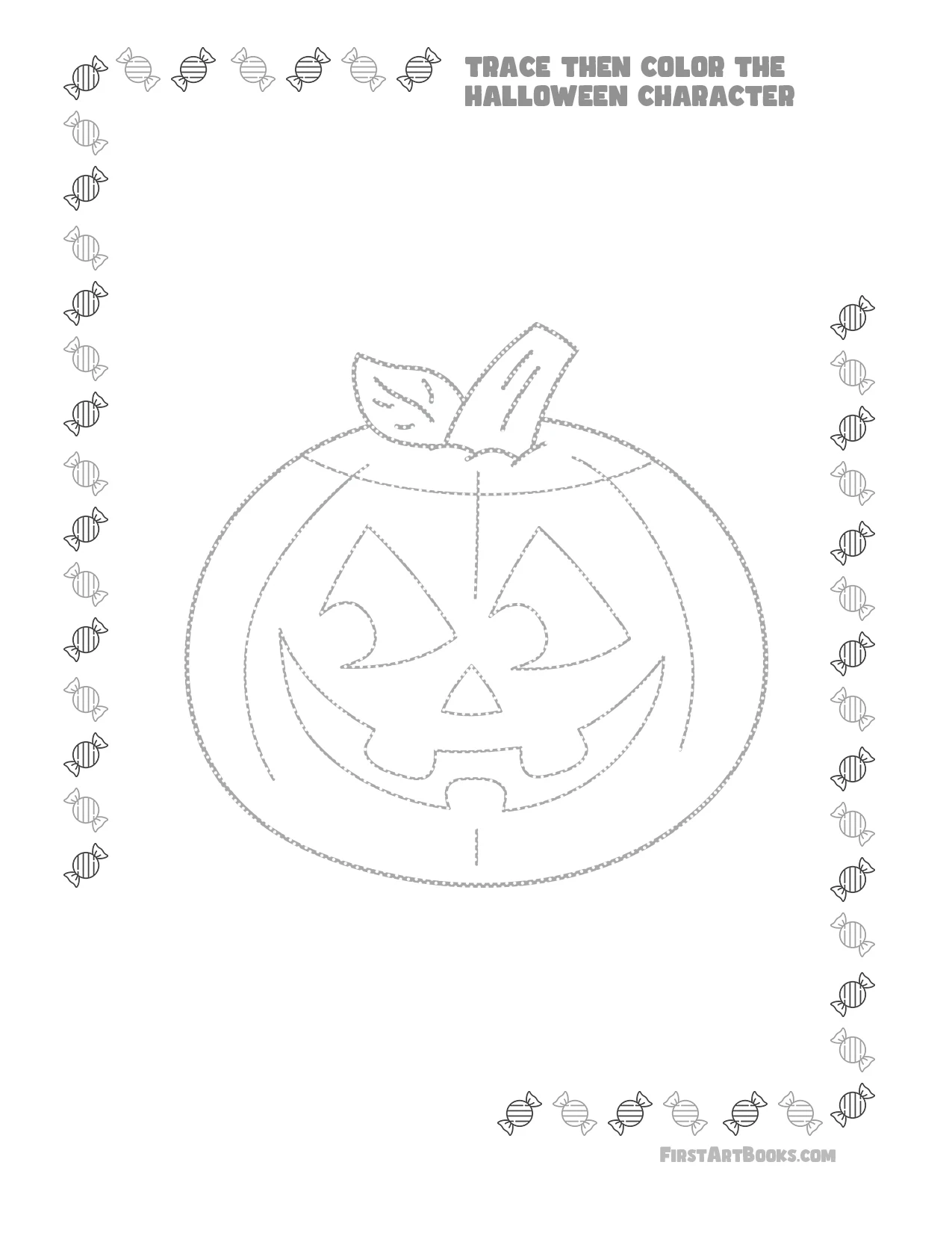 Trace Then Color: Cartoon Halloween Characters sample 1