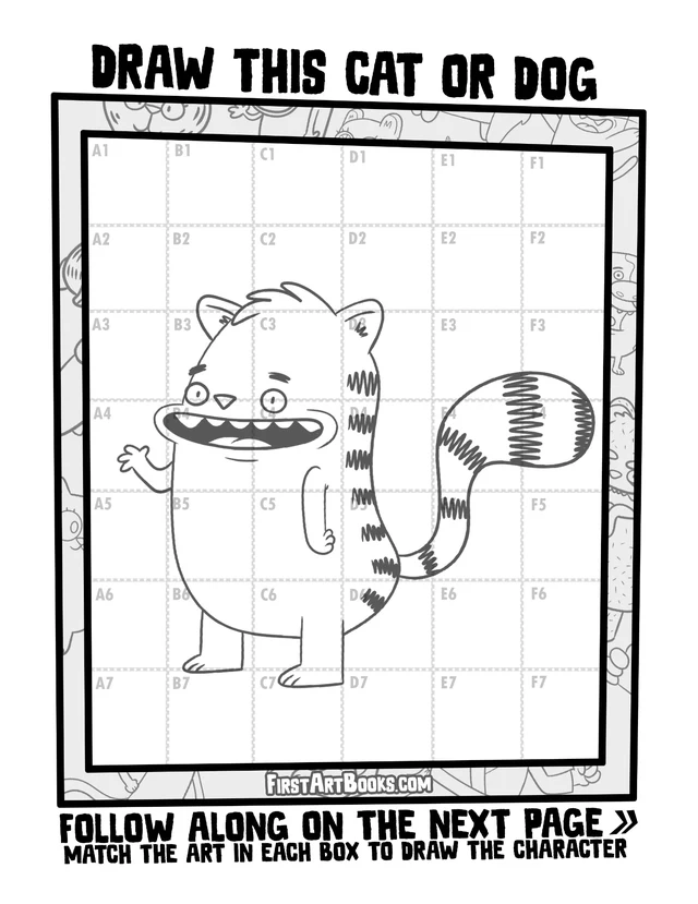 Draw by Grid: Cartoon Cats & Dogs: character grid page and blank grid