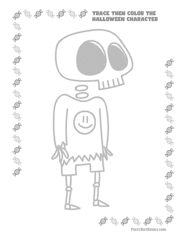Trace Then Color: Cartoon Halloween Characters printable page