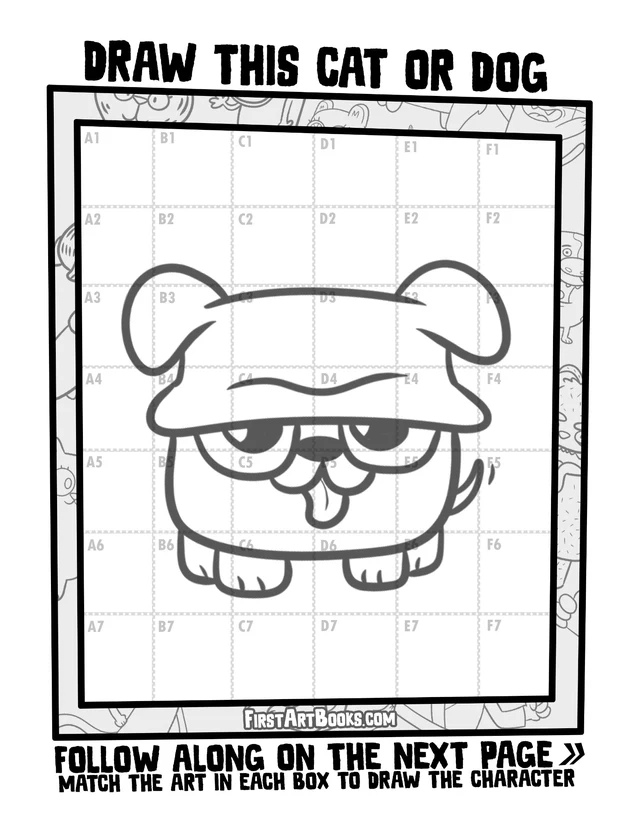 Draw by Grid: Cartoon Cats & Dogs: character grid page and blank grid