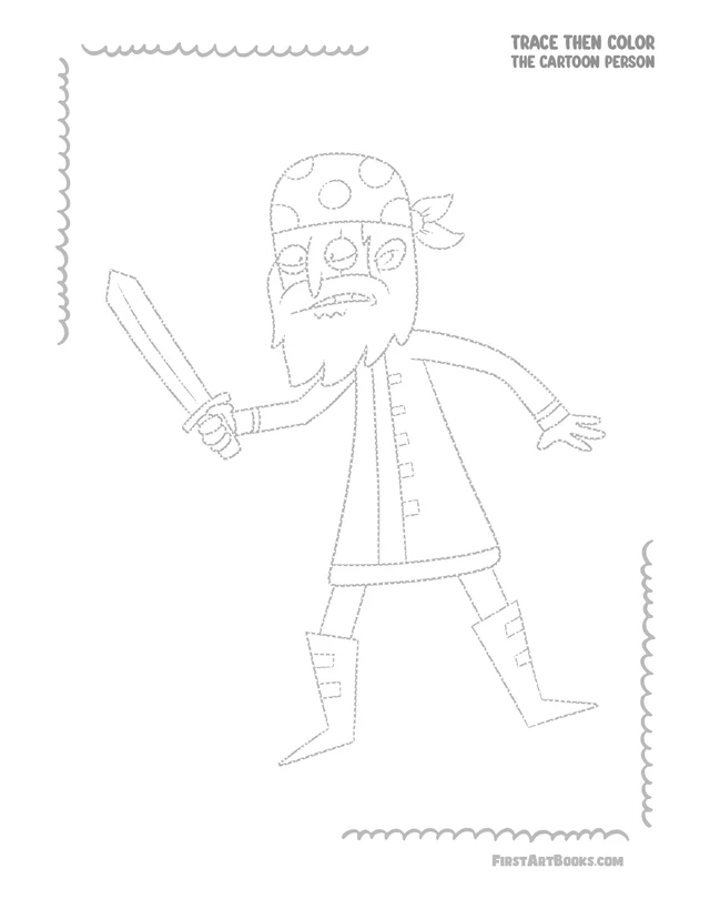 Trace Then Color: Cartoon People printable page