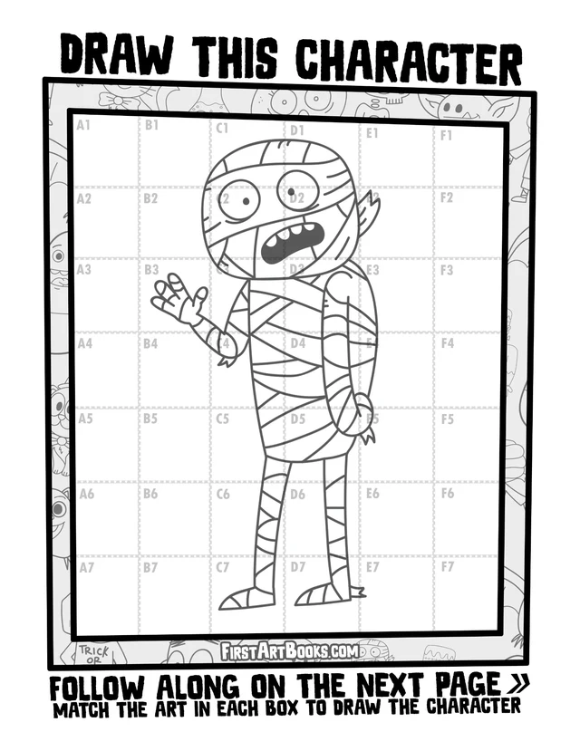 Draw by Grid: Cartoon Halloween Characters: character grid page and blank grid