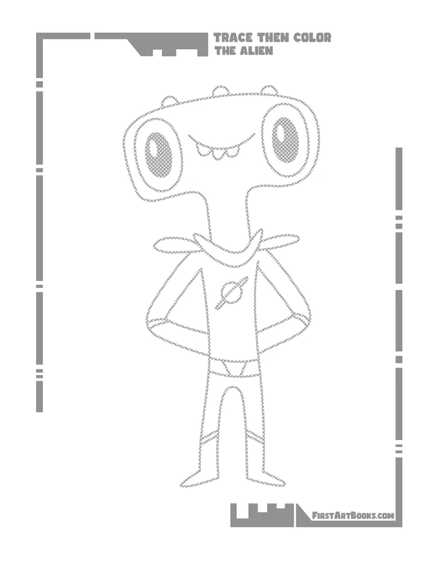 Trace Then Color: Cartoon Aliens printable page