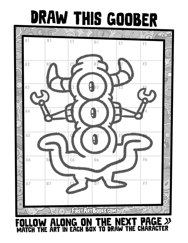 A 3-Eyed 2-Horned Goober on a Grid: free printable page