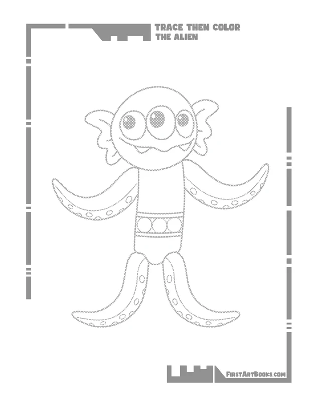 Trace Then Color: Cartoon Aliens printable page
