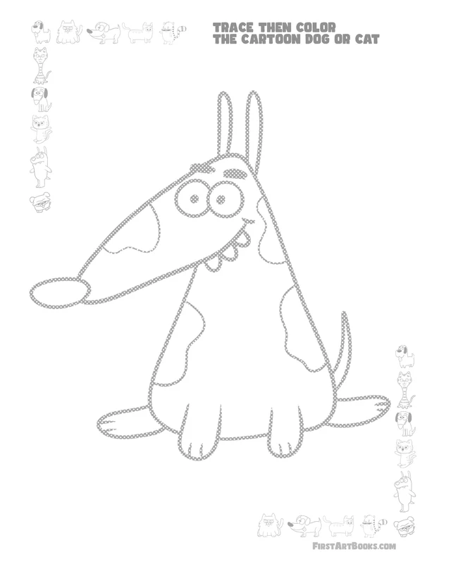 Trace Then Color: Cartoon Cats & Dogs printable page