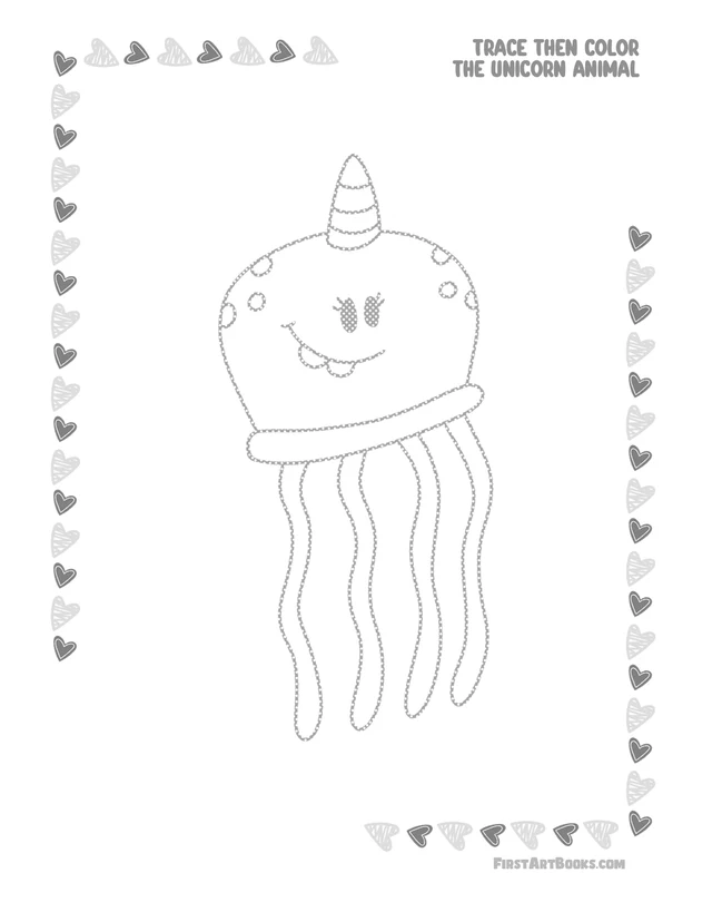 Trace Then Color a Unicorn Jellyfish: free printable page