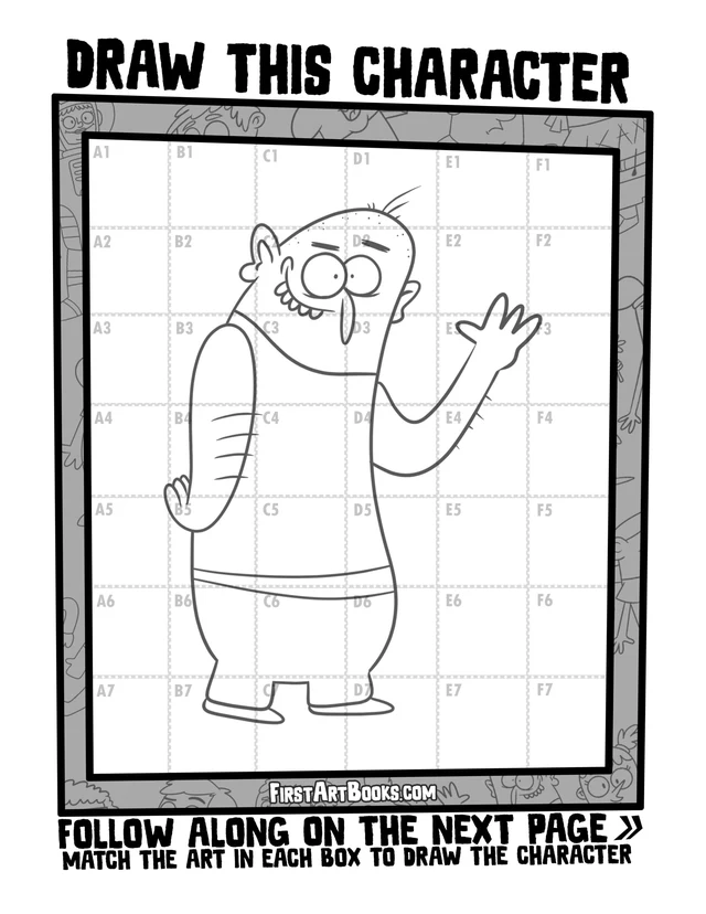 Draw by Grid: Cartoon People: character grid page and blank grid
