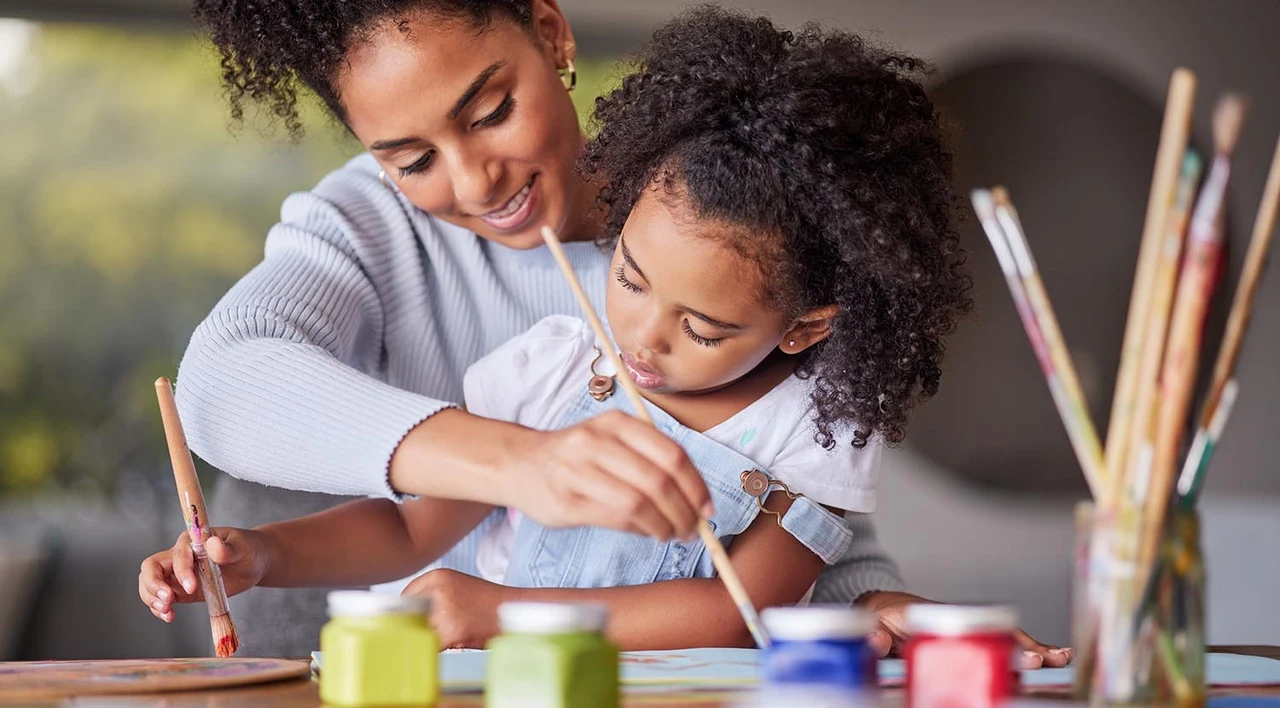 Art, happy mother and child painting for an art preschool projec