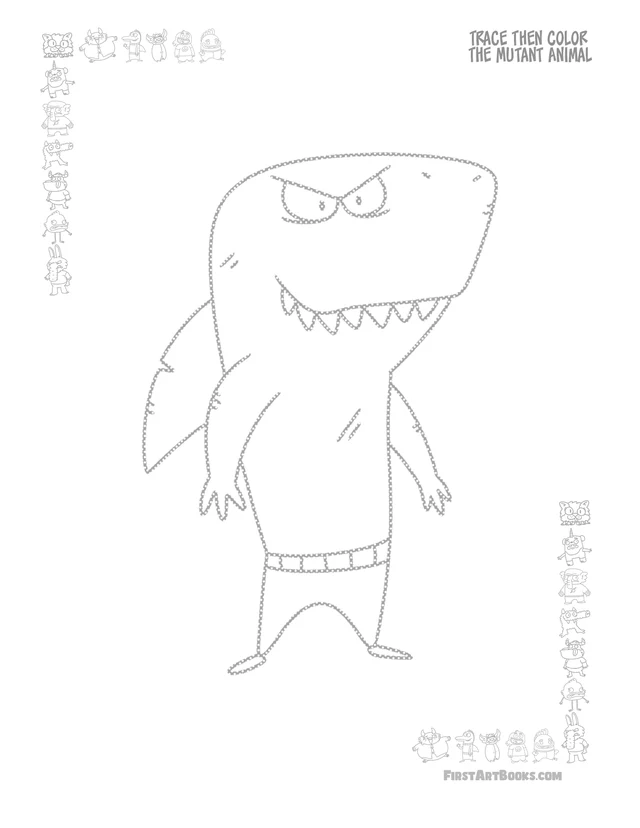 Trace Then Color A Mutant Shark: free printable page