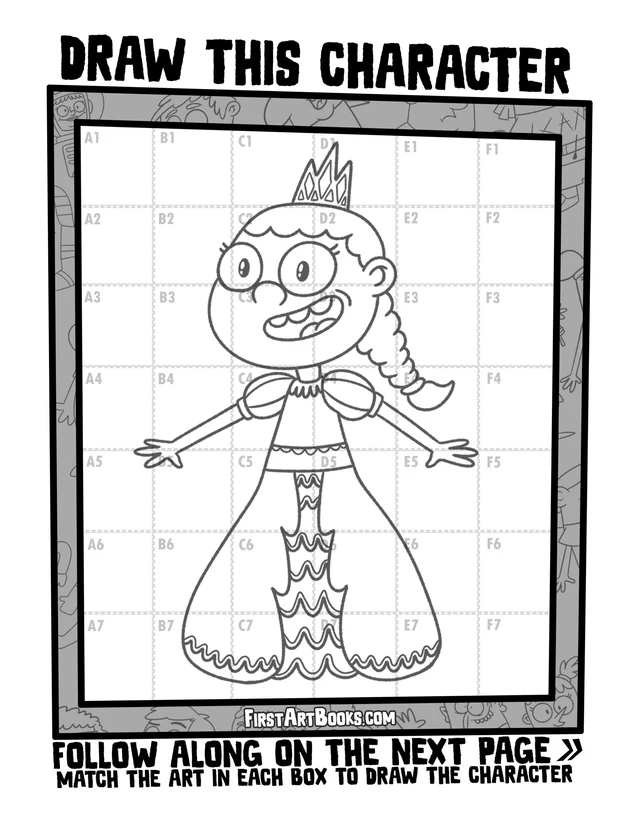 Draw by Grid: Cartoon People: character grid page and blank grid