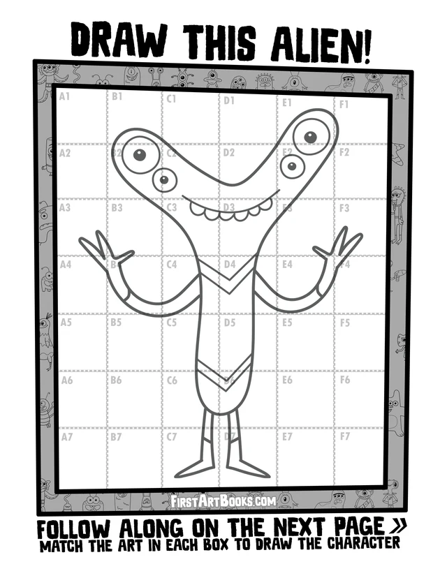 Draw by Grid: Silly Aliens: character grid page and blank grid