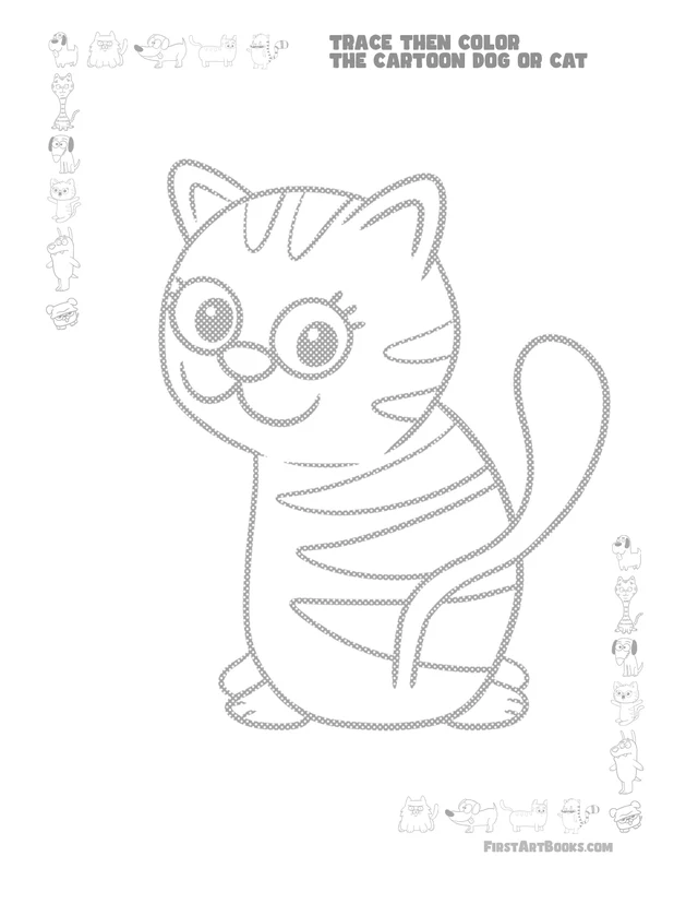 Trace Then Color: Cartoon Cats & Dogs printable page