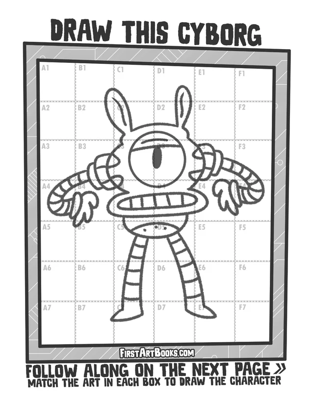 Draw by Grid: Alien Cyborgs: character grid page and blank grid