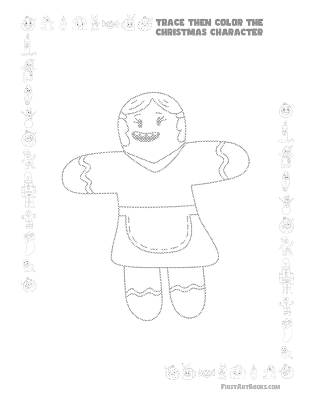 Trace Then Color: Cartoon Christmas Characters printable page