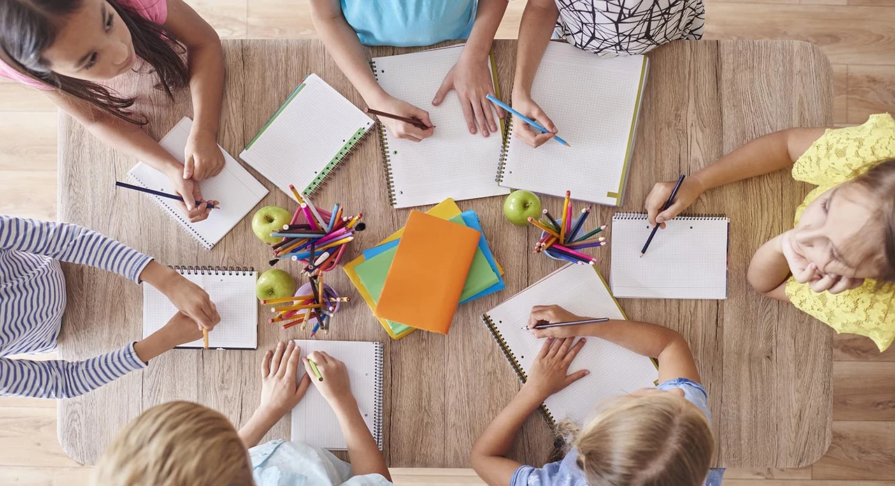 High angle view of drawing kids
