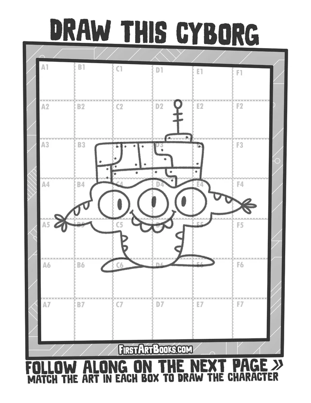 Draw by Grid: Alien Cyborgs: character grid page and blank grid