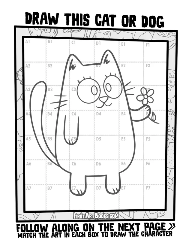 Draw by Grid: Cartoon Cats & Dogs: character grid page and blank grid