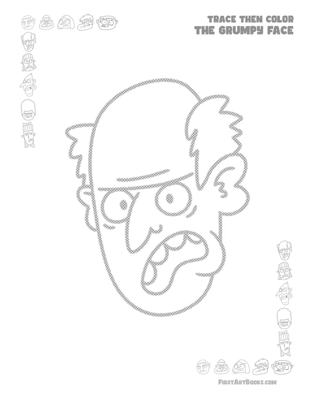 Trace Then Color: Grumpy Faces printable page