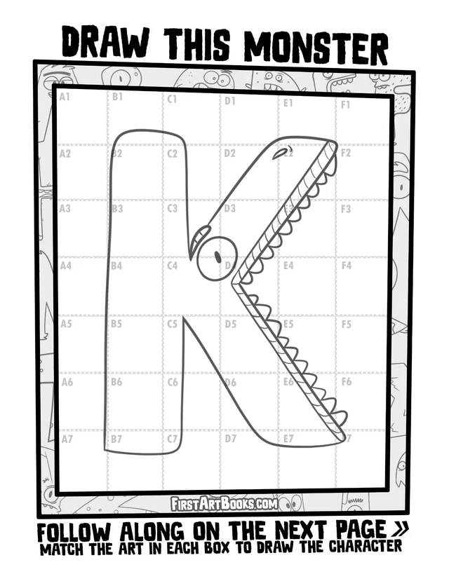 Draw by Grid: Alphabet Monsters: character grid page and blank grid