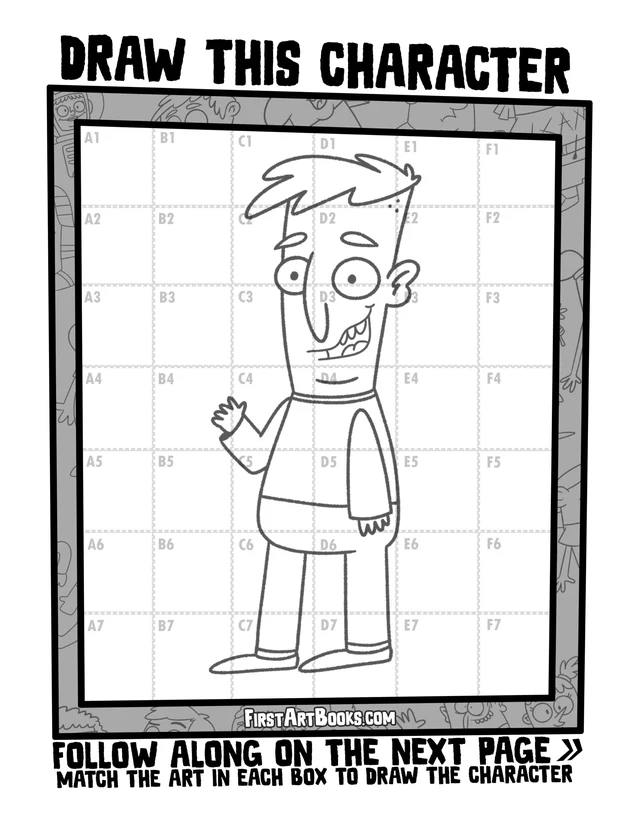 Draw by Grid: Cartoon People: character grid page and blank grid