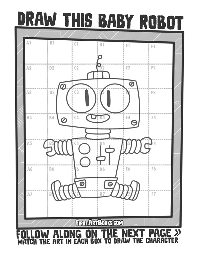 Draw by Grid: Baby Robots: character grid page and blank grid
