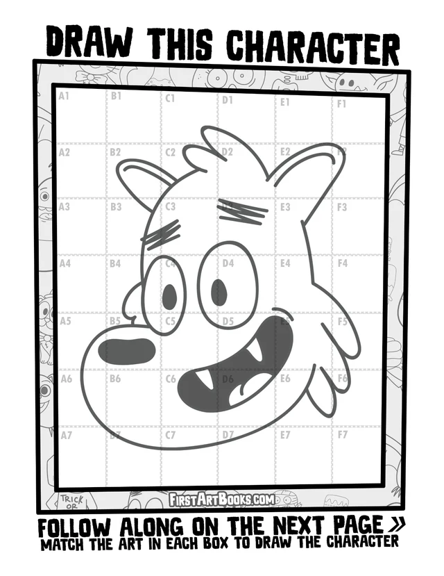 Draw by Grid: Cartoon Halloween Characters: character grid page and blank grid