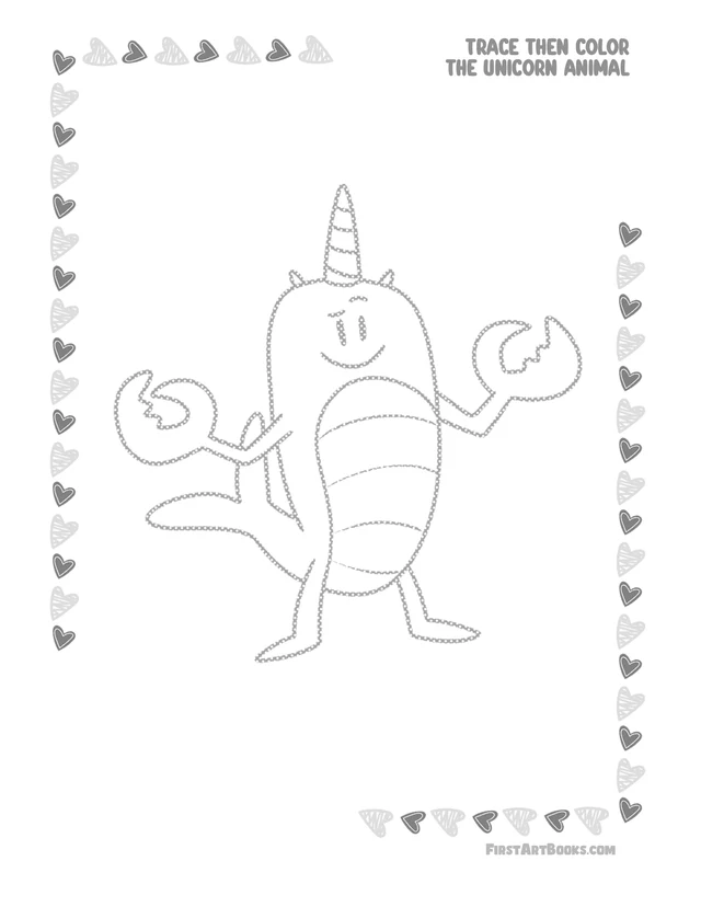 Trace Then Color: Unicorn Animals printable page