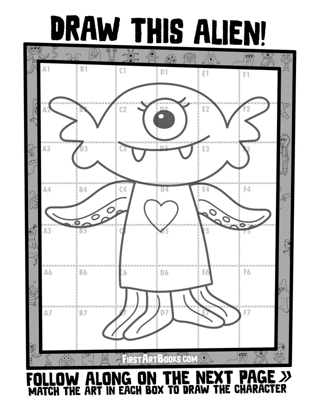 Draw by Grid: Silly Aliens: character grid page and blank grid
