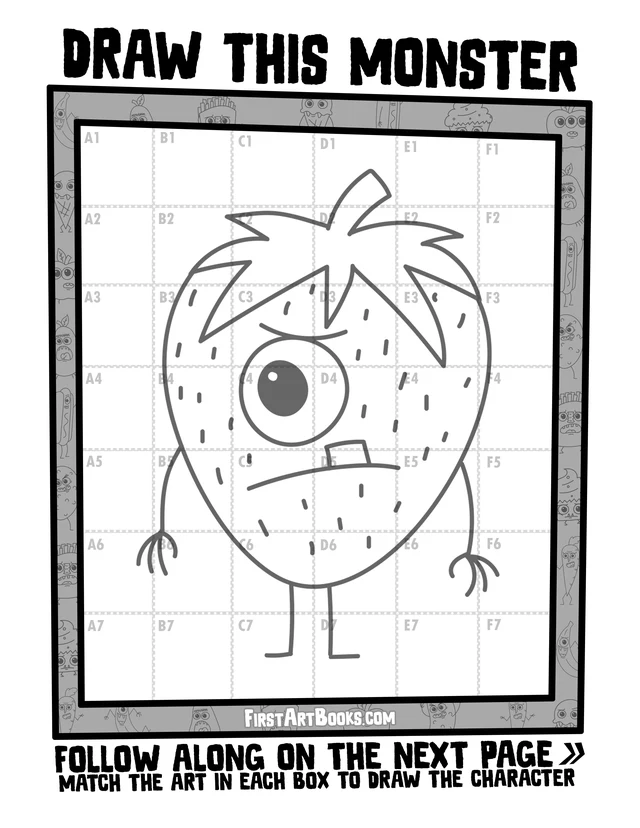 Draw by Grid: Strawberry Monster: free printable page