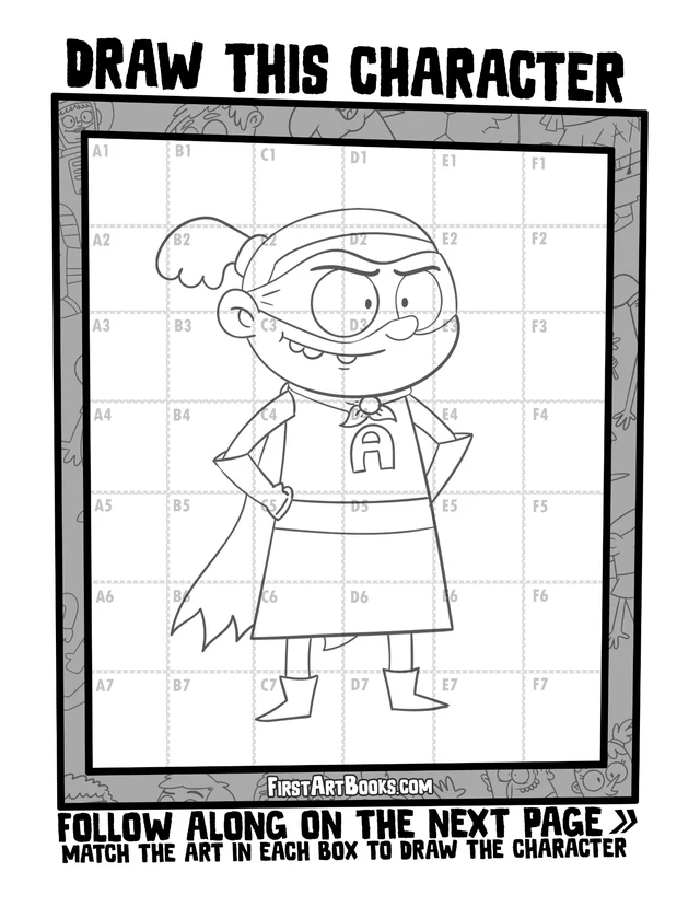 Draw by Grid: Cartoon People: character grid page and blank grid