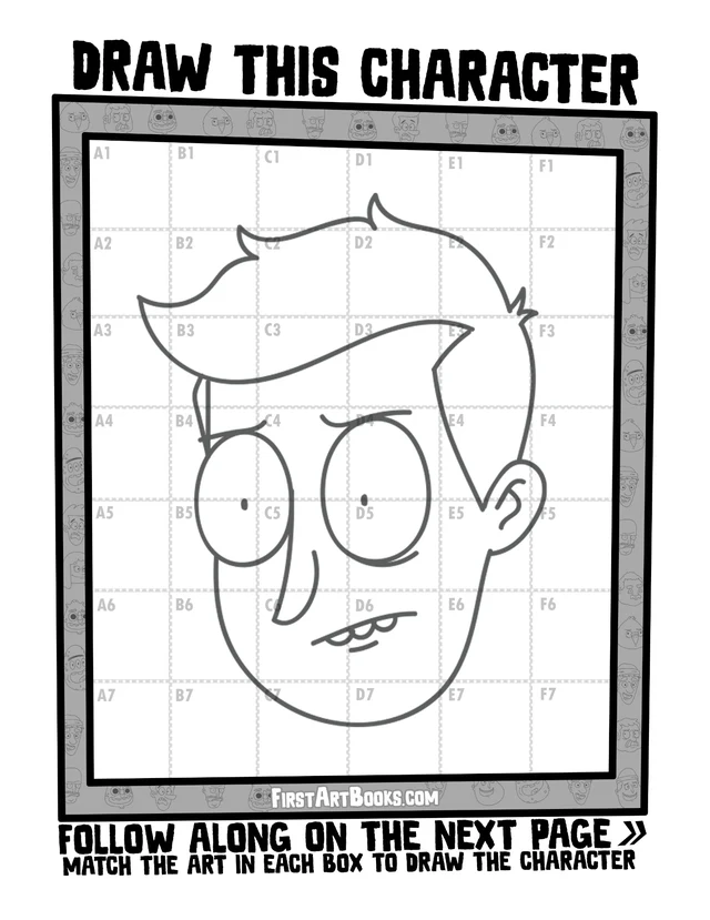Draw by Grid: Goofy Faces: character grid page and blank grid
