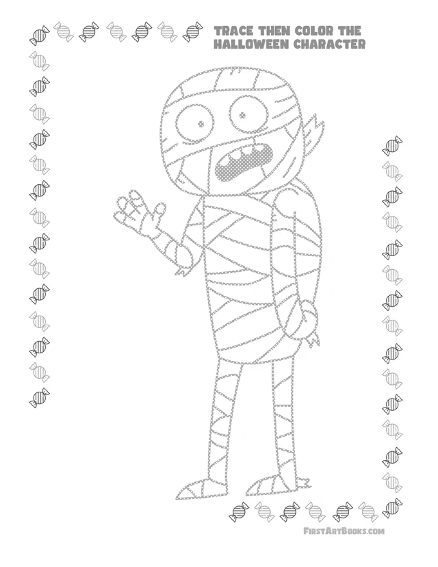 Trace Then Color: Cartoon Halloween Characters printable page